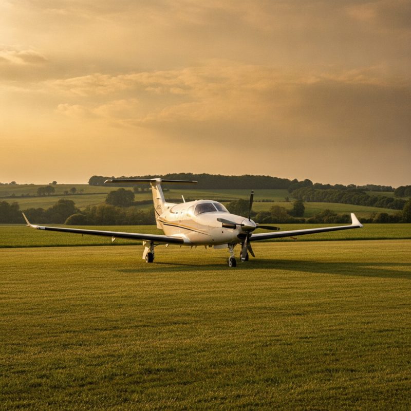 Pilatus PC-12 on grass strip
